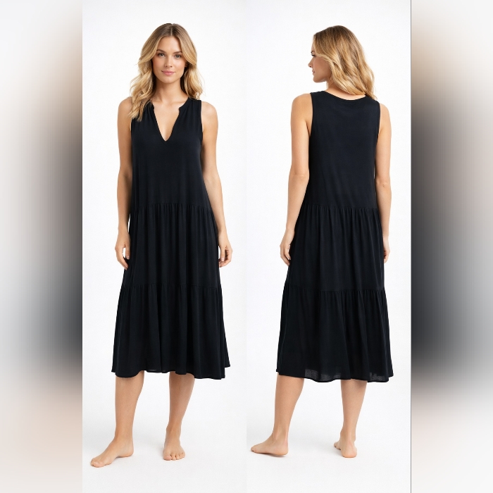 Bleu Rod Beattie Black Flowy Cover Up Dress Sleeveless Beach Midi M